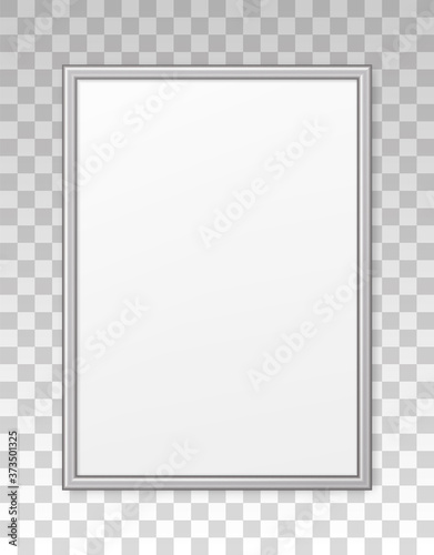 Mockup silver frame photo on wall. Mock up picture framed. Vertical modern boarder with shadow. Empty photoframe a4 isolated on background. Border for design prints poster and painting image. Vector
