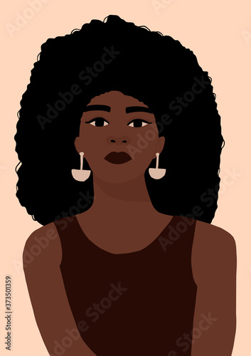 Modern young african american black woman portrait. Fashion minimal trendy female face with dark skin. Trendy minimal poster print. Vector hand drawn illustration