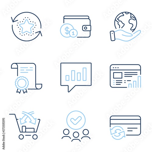 Analytical chat, Loyalty points and Web report line icons set. Diploma certificate, save planet, group of people. Change card, Cross sell and Buying accessory signs. Vector