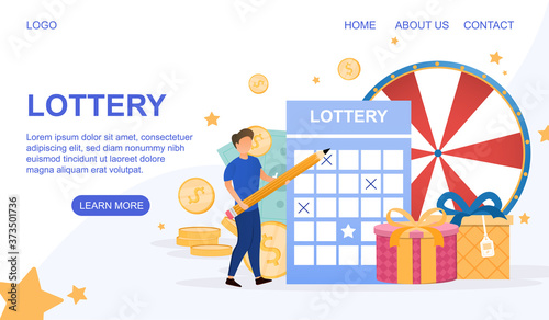Web page template for the Lottery showing a young man completing a grid, prizes and wheel of fortune, colored vector illustration