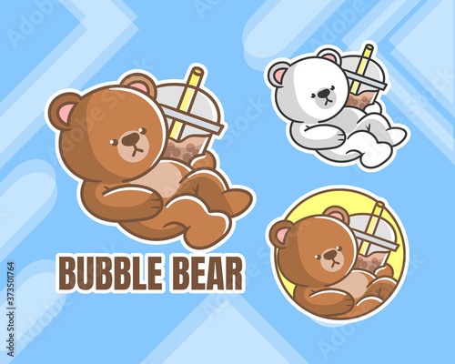 set of cute boba bear mascot logo with optional appearance. premium kawaii vector
