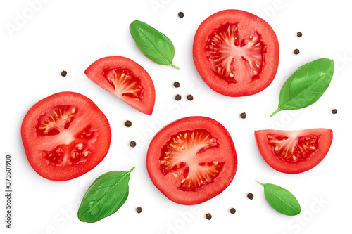 Fototapeta Naklejka Na Ścianę i Meble -  Tomato slices with basil and peppercorns isolated on white background. Clipping path and full depth of field. Top view. Flat lay