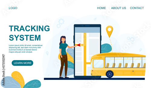 Mobile tracking system web page template for public transport showing a woman and bus, colored vector illustration. Web page template