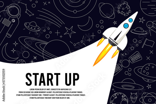Rocket launch in the sky, space. Space ship. outer space, interstellar travels, universe. Business concept. Start up template. Outline, line, doodle style. Flat. vector illustration. 