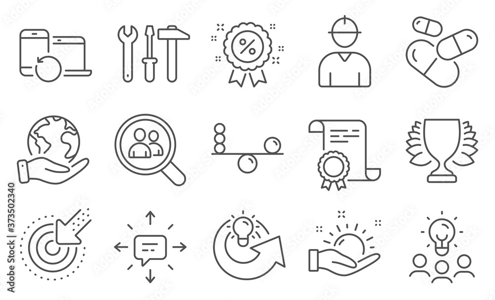 Fototapeta premium Set of Business icons, such as Spanner tool, Capsule pill. Diploma, ideas, save planet. Discount, Balance, Recovery devices. Sunny weather, Search employees, Engineer. Vector