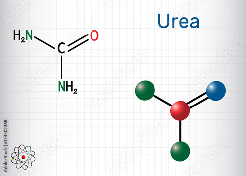 Urea, carbamide molecule. It is a nitrogenous compound containing a carbonyl group, is used as fertilizer, in cosmetics. Structural chemical formula and molecule model. Sheet of paper in a cage photo