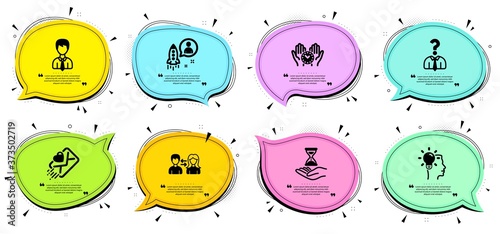 Love letter, Safe time and Time hourglass signs. Chat bubbles with quotes. People communication, Businessman and Idea line icons set. Hiring employees, Startup symbols. Vector