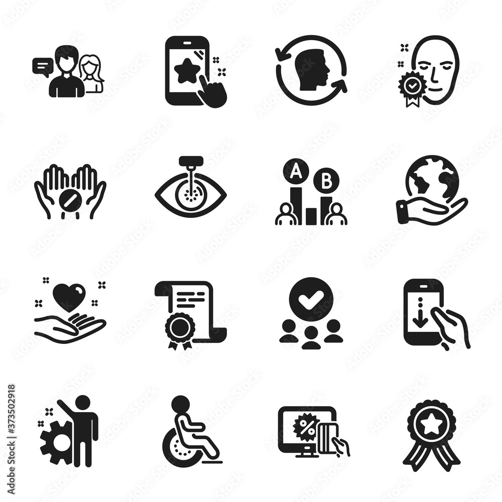 Set of People icons, such as Face verified, Scroll down. Certificate, approved group, save planet. Medical tablet, Employee, People talking. Hold heart, Disability, Eye laser. Vector Set of People icons, such as Face verified, Scroll down. Certificate, approved group, save planet. Medical tablet, Employee, People talking. Hold heart, Disability, Eye laser. Vector