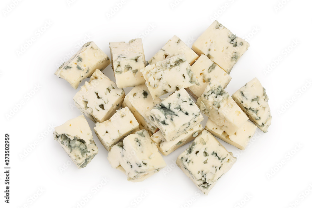 diced Blue cheese isolated on white background with clipping path and full depth of field. Top view. Flat lay. diced Blue cheese isolated on white background with clipping path and full depth of field. Top view. Flat lay.