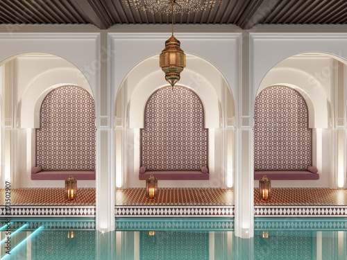 3d rendering of an atmospheric luxury arabic Moroccan indoor swimming pool spa for calmness and relaxation