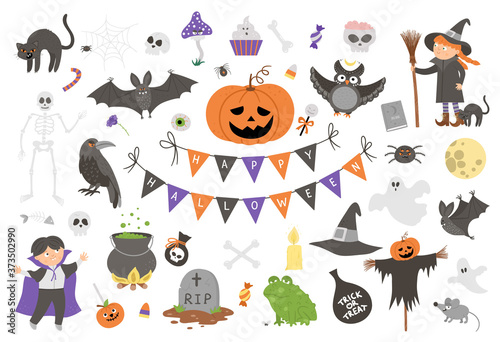Big set of vector Halloween elements. Traditional Samhain party clipart. Scary collection with jack-o-lantern, spider, ghost, skull, bats, witch, vampire. Autumn holiday flat style design pack.