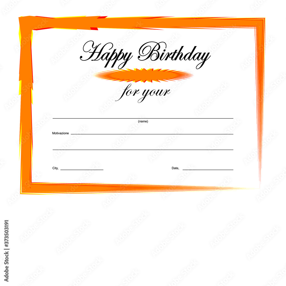 Certificate of birthday greetings with text for motivation in vector format in orange color