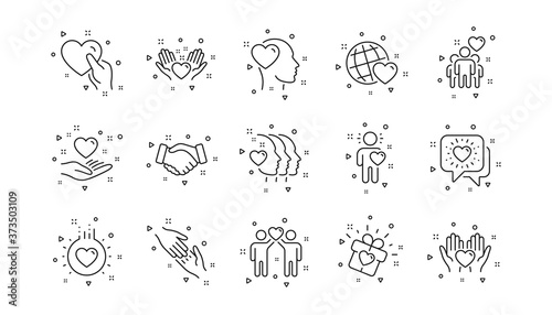 Interaction, Mutual understanding and assistance business. Friendship and love line icons. Trust handshake, social responsibility icons. Linear set. Geometric elements. Quality signs set. Vector