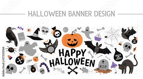 Vector horizontal layout frame with Halloween elements. Traditional Samhain party clipart set. Scary design for web banners, posters, invitations. Cute Autumn holiday card template..