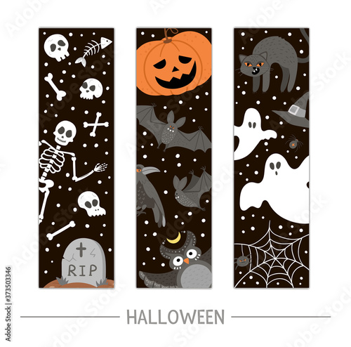 Vector back to school Halloween bookmarks set. Funny all saints day design for banners, posters, invitations. Vertical card template with skeleton, pumpkin lantern, ghosts, black cat and bats..