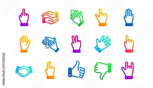 Handshake, Clapping hands, Victory. Hand gestures icons. Horns, Thumb up finger, drag and drop icons. Donation hand gestures, click, helping hand. Classic set. Gradient patterns. Vector