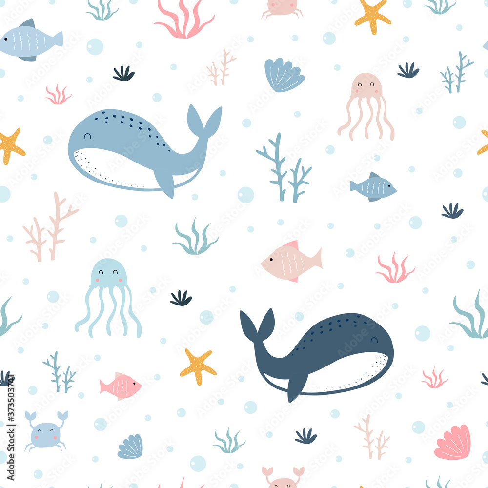 Seamless pattern The whale floats in the sea with squids and corals. Hand drawn cartoon animal background in children style Used for cloth, textile, fashion Vector illustration Seamless pattern The whale floats in the sea with squids and corals. Hand drawn cartoon animal background in children style Used for cloth, textile, fashion Vector illustration