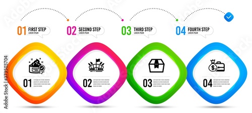 Salary, Arena and Cream icons simple set. Timeline infographic. Package box sign. Diplomat with money bag, Sport stadium, Best lotion. Delivery goods. Business set. Vector