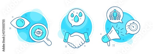 Timer, Rainy weather and Group line icons set. Handshake deal, research and promotion complex icons. Eye target sign. Deadline management, Water drop, Managers. Optometry. Business set. Vector