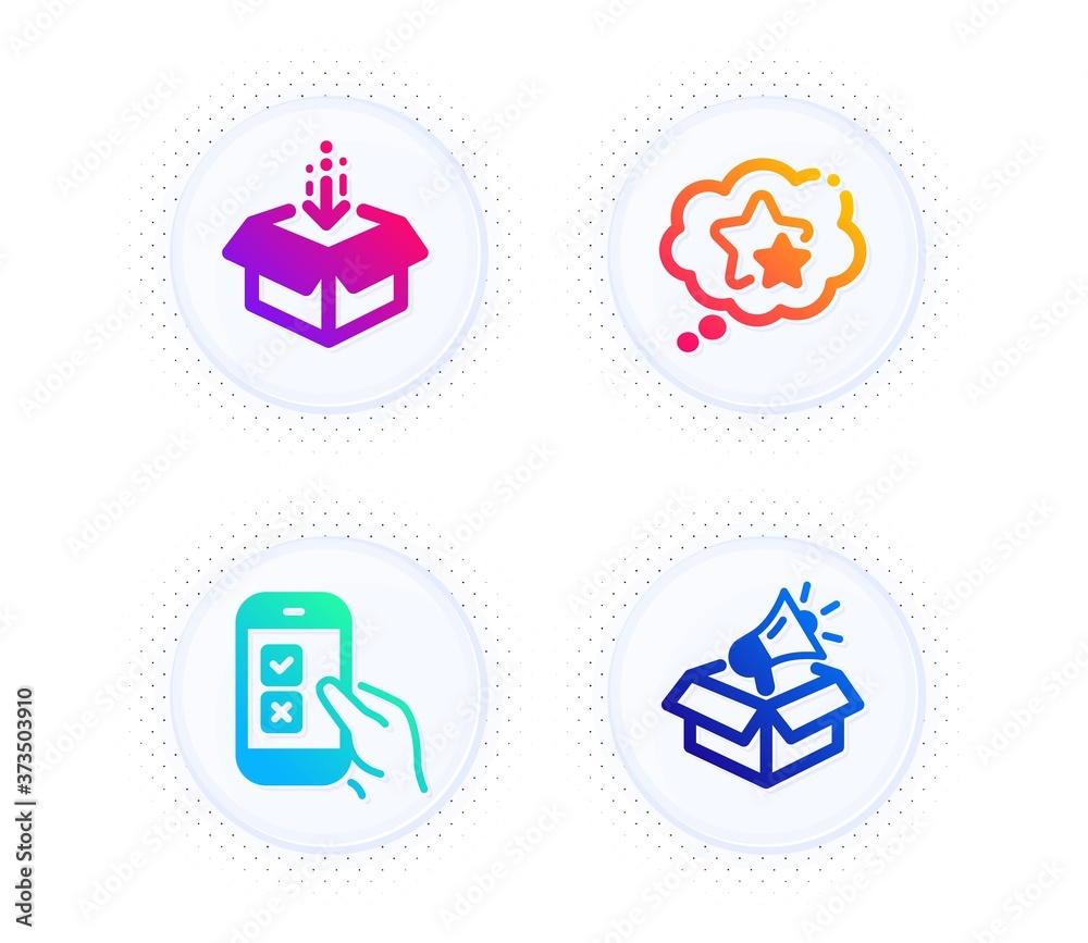 Get box, Mobile survey and Ranking stars icons simple set. Button with halftone dots. Megaphone box sign. Send package, Phone quiz test, Winner award. Brand marketing. Business set. Vector Get box, Mobile survey and Ranking stars icons simple set. Button with halftone dots. Megaphone box sign. Send package, Phone quiz test, Winner award. Brand marketing. Business set. Vector