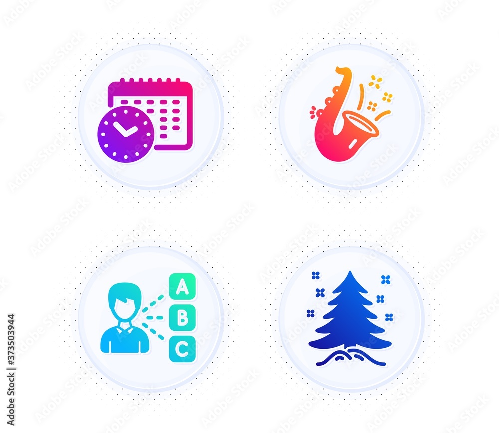 Jazz, Opinion and Calendar time icons simple set. Button with halftone dots. Christmas tree sign. Saxophone, Choose answer, Clock. Spruce. Business set. Gradient flat jazz icon. Vector Jazz, Opinion and Calendar time icons simple set. Button with halftone dots. Christmas tree sign. Saxophone, Choose answer, Clock. Spruce. Business set. Gradient flat jazz icon. Vector