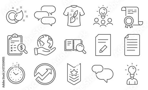 Set of Education icons  such as T-shirt design  Audit. Diploma  ideas  save planet. Shoulder strap  Search book  Accounting report. Education  Paint brush  Talk bubble. Vector