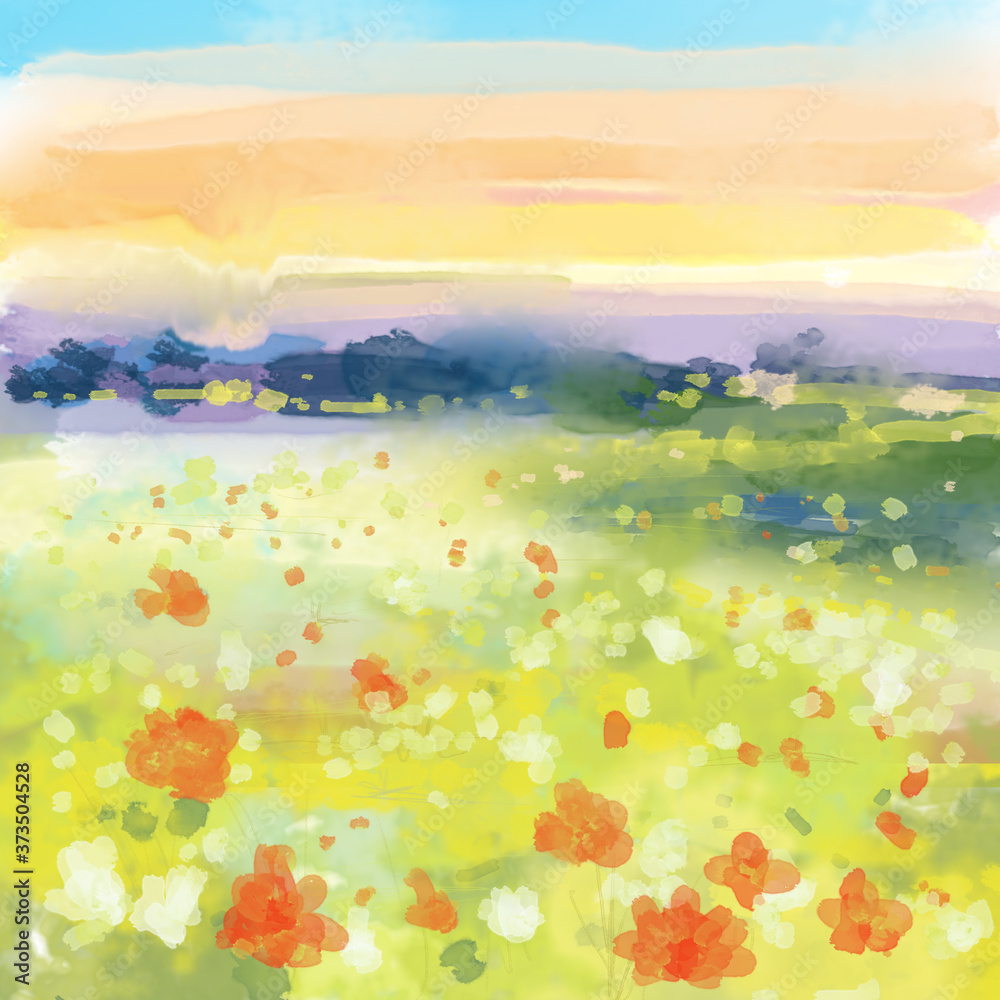 Abstract Sunset Landscape with Red and white Flowers - watercolor Illustration