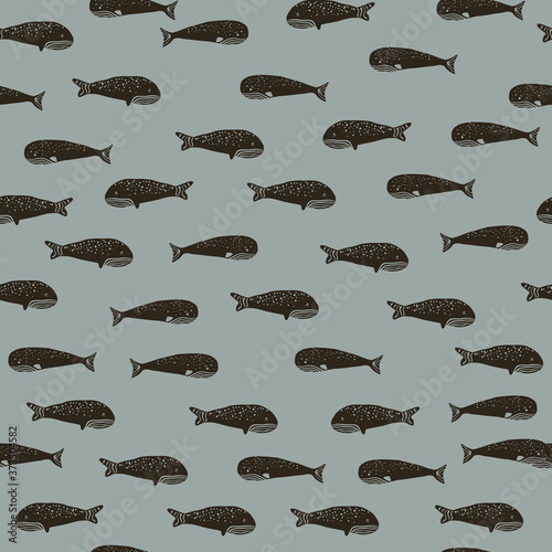 Little cachalot ornament seamless marine pattern. Sea school print with brown fishes on light pastel grey background.