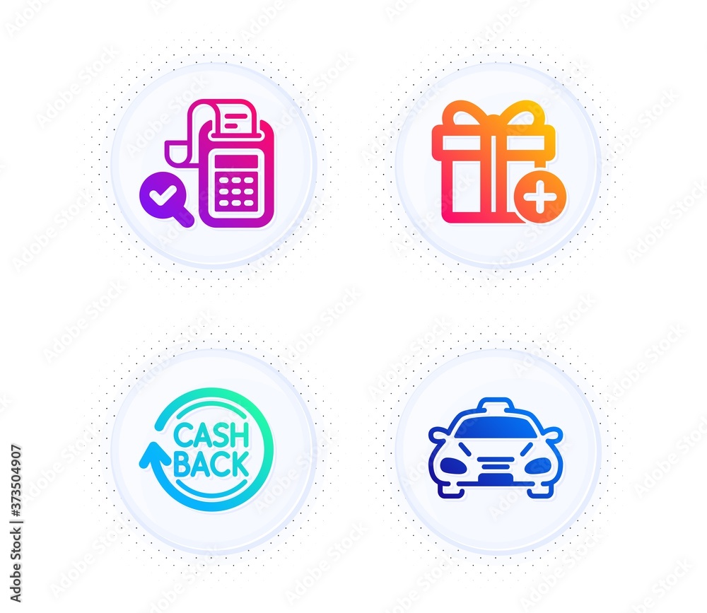 Add gift, Bill accounting and Cashback icons simple set. Button with halftone dots. Taxi sign. Present box, Audit report, Refund commission. Public transportation. Business set. Vector Add gift, Bill accounting and Cashback icons simple set. Button with halftone dots. Taxi sign. Present box, Audit report, Refund commission. Public transportation. Business set. Vector