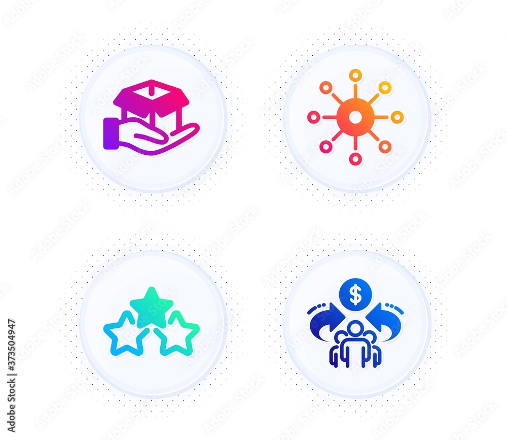 Multichannel, Hold box and Ranking stars icons simple set. Button with halftone dots. Sharing economy sign. Multitasking, Delivery parcel, Winner award. Share. Business set. Vector