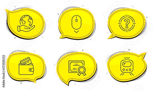 Headhunter sign. Diploma certificate, save planet chat bubbles. Scroll down, Debit card and Train line icons set. Mouse swipe, Wallet with credit card, Tram. Aim with question mark. Vector