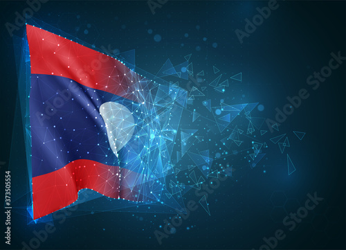 Laos   vector flag  virtual abstract 3D object from triangular polygons on a blue background