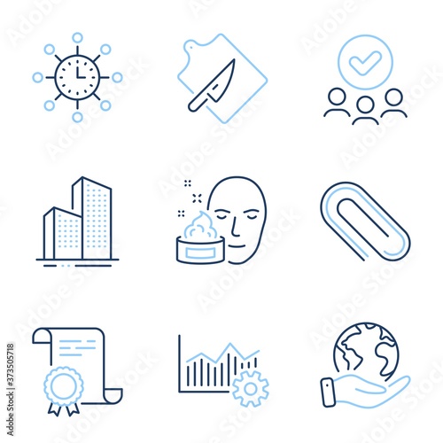Face cream, Cutting board and Paper clip line icons set. Diploma certificate, save planet, group of people. Skyscraper buildings, World time and Operational excellence signs. Vector
