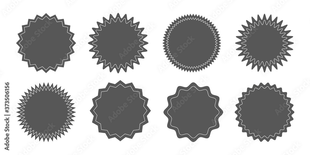 Set of vector starburst, sunburst badges. Black icons on white background. Simple flat style vintage labels, stickers.