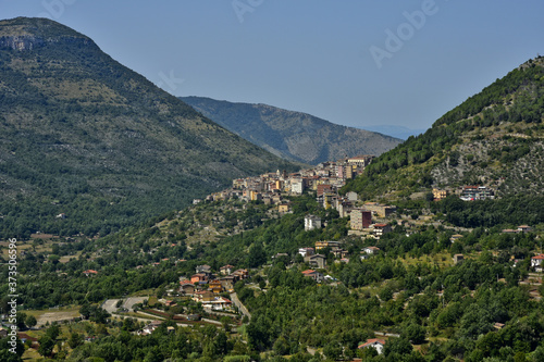 Panoramic view of Vallecorsa, a medieval village in the mountains of the Lazio region.