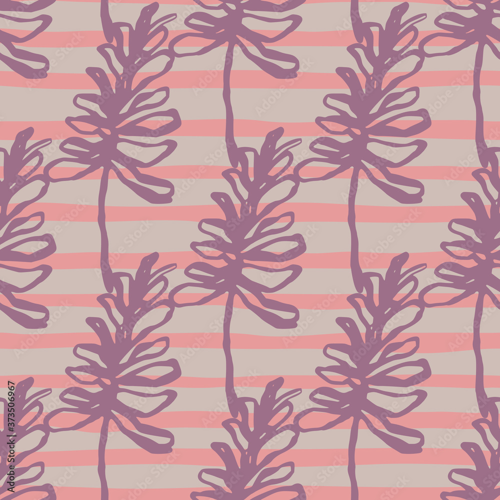 Simple purple contoured branch shapes seamless pattern. Pink and grey stripped background. Simple purple contoured branch shapes seamless pattern. Pink and grey stripped background.