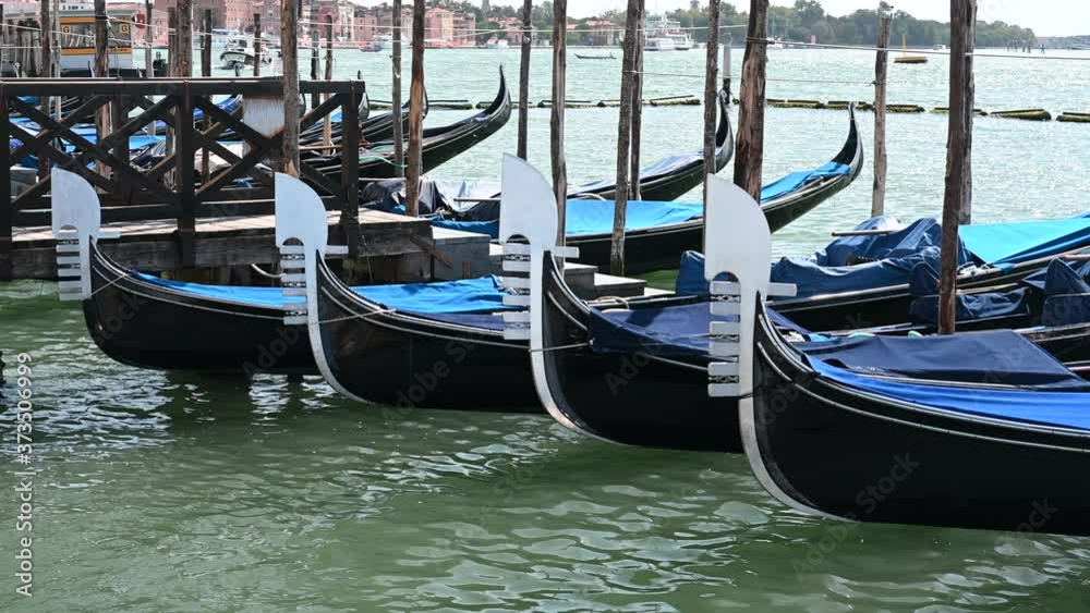 Venice, Italy - gondolas and gondoliers in the Grand Canal near the Rialto Bridge, in the San Marco Basin and between the canals of the lagoon city Venice, Italy - gondolas and gondoliers in the Grand Canal near the Rialto Bridge, in the San Marco Basin and between the canals of the lagoon city