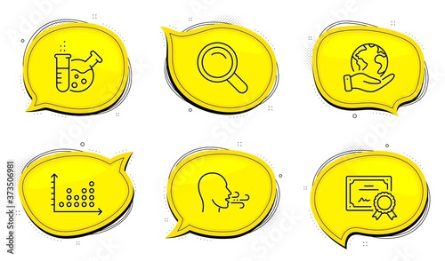 Breathing exercise sign. Diploma certificate, save planet chat bubbles. Chemistry lab, Search and Dot plot line icons set. Laboratory, Magnifying glass, Presentation graph. Breath. Science set. Vector