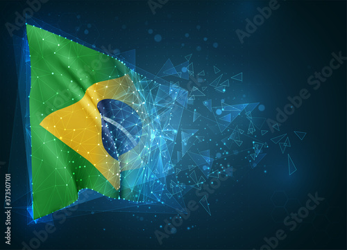 Brazil,  vector flag, virtual abstract 3D object from triangular polygons on a blue background