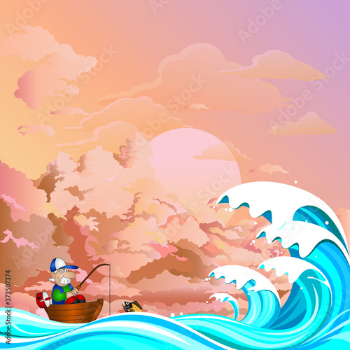 Fisherman at sea in his boat about to be swamped by a large wave set against a dawn or dusk pink sky