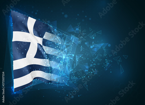 Greece,  vector flag, virtual abstract 3D object from triangular polygons on a blue background