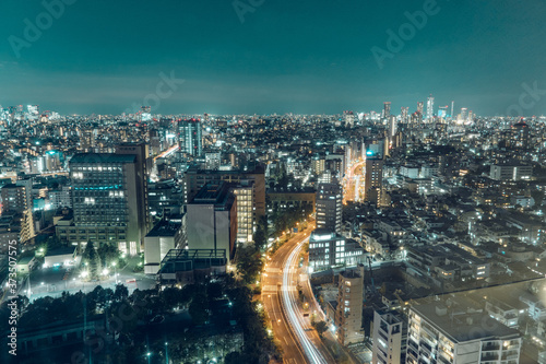 Night view of Tokyo City  traffics and buildings.