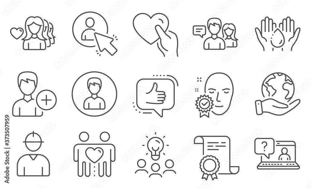 Set of People icons, such as Person, Wash hands. Diploma, ideas, save planet. Hold heart, Like, Woman love. Engineer, Face verified, Faq. Friends couple, People talking, Add person. Vector