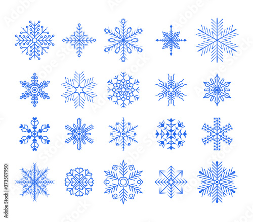 Snowflakes set. Winter flat vector decorations elements. Christmas design vector. Snowflakes blue isolated on white background. Vector illustration, EPS 10.