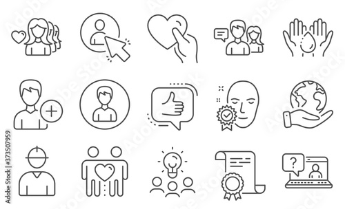Set of People icons, such as Person, Wash hands. Diploma, ideas, save planet. Hold heart, Like, Woman love. Engineer, Face verified, Faq. Friends couple, People talking, Add person. Vector