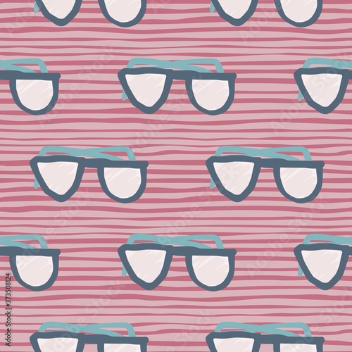 Seamless doodle pattern with sunglasses elements. Hipster print with pink and grey stripped background.