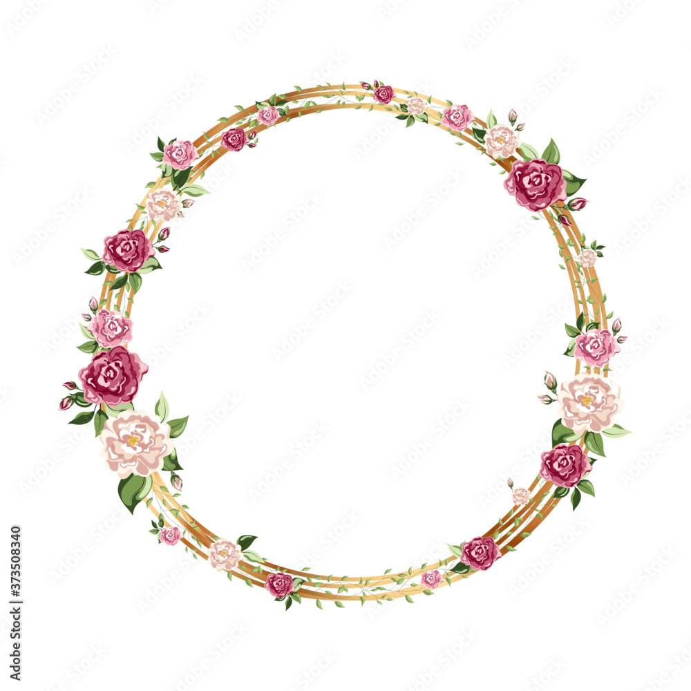 Gold round frame with flowers. Geometric crystal polyhedron shape on white background