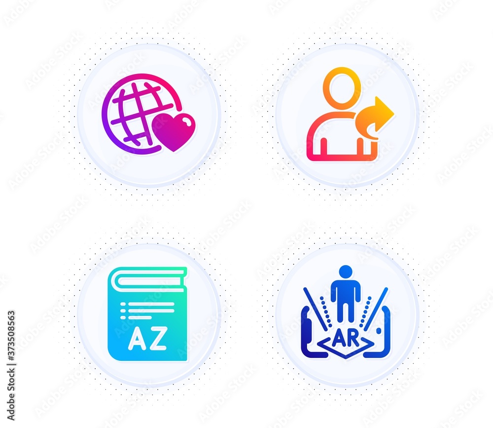 Vocabulary, Friends world and Refer friend icons simple set. Button with halftone dots. Augmented reality sign. Book, Love, Share. Phone simulation. Business set. Gradient flat vocabulary icon. Vector Vocabulary, Friends world and Refer friend icons simple set. Button with halftone dots. Augmented reality sign. Book, Love, Share. Phone simulation. Business set. Gradient flat vocabulary icon. Vector
