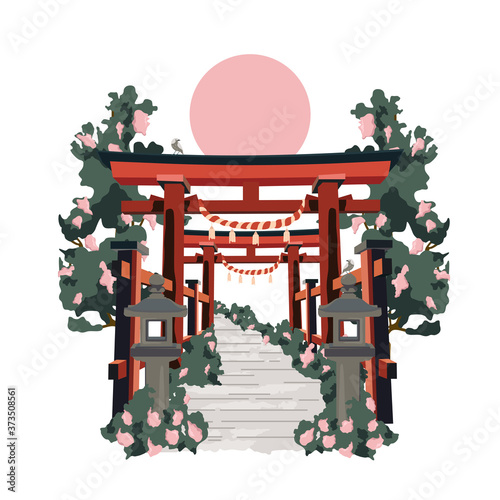 Japanese torii gate in Japan. Color vector flat cartoon illustration isolated
