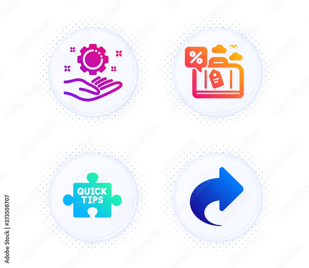 Quick tips, Travel loan and Employee hand icons simple set. Button with halftone dots. Share sign. Tutorials, Trip discount, Work gear. Link. Technology set. Gradient flat quick tips icon. Vector